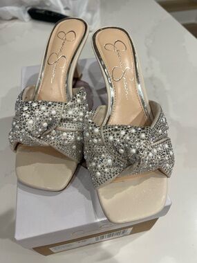 Jessica Simpson Pearl & Crystal Embellished Ivory Slide Mules